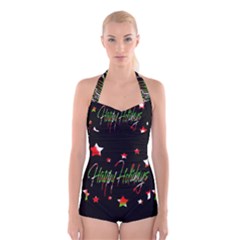 Happy Holidays 2  Boyleg Halter Swimsuit  by Valentinaart