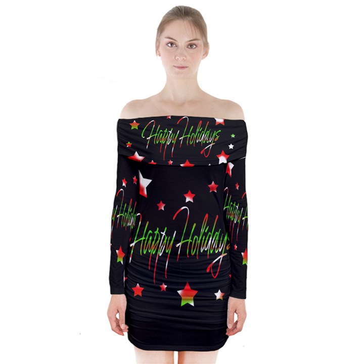 Happy Holidays 2  Long Sleeve Off Shoulder Dress