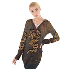 Awesome Dragon, Tribal Design Women s Tie Up Tee by FantasyWorld7