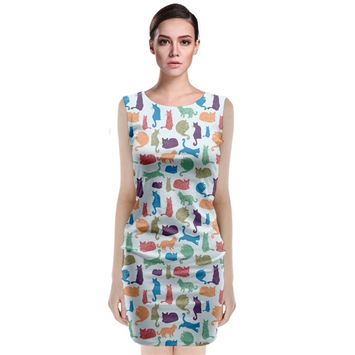 Blue Colorful Cats Silhouettes Pattern Classic Sleeveless Midi Dress