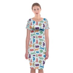 Blue Colorful Cats Silhouettes Pattern Classic Short Sleeve Midi Dress by Contest580383