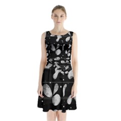 Black And White Floral Abstraction Sleeveless Chiffon Waist Tie Dress by Valentinaart