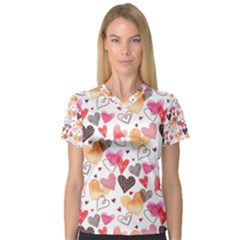 Colorful Cute Hearts Pattern Women s V-Neck Sport Mesh Tee