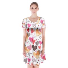 Colorful Cute Hearts Pattern Short Sleeve V-neck Flare Dress