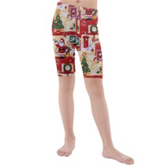 Santa Clause Mail Bird Snow Kids  Mid Length Swim Shorts