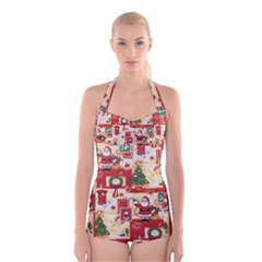 Santa Clause Mail Bird Snow Boyleg Halter Swimsuit 