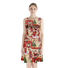 Santa Clause Mail Bird Snow Sleeveless Chiffon Waist Tie Dress