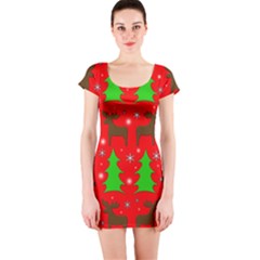 Reindeer And Xmas Trees Pattern Short Sleeve Bodycon Dress