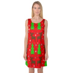 Reindeer And Xmas Trees Pattern Sleeveless Satin Nightdress