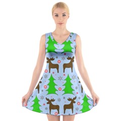 Reindeer And Xmas Trees  V-neck Sleeveless Skater Dress by Valentinaart