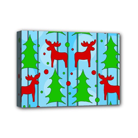 Xmas Reindeer Pattern - Blue Mini Canvas 7  X 5  by Valentinaart