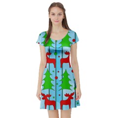 Xmas Reindeer Pattern - Blue Short Sleeve Skater Dress