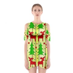 Xmas Reindeer Pattern - Yellow Cutout Shoulder Dress