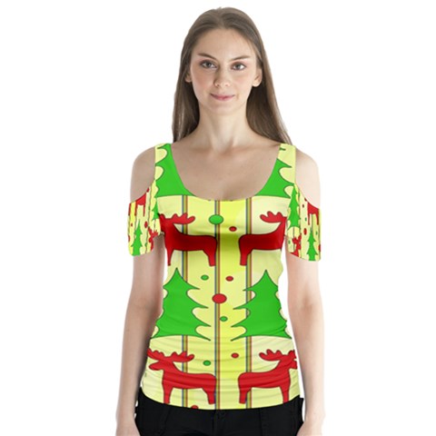 Xmas Reindeer Pattern - Yellow Butterfly Sleeve Cutout Tee  by Valentinaart