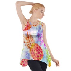 Colorful Pineapples Over A Blue Background Side Drop Tank Tunic by DanaeStudio