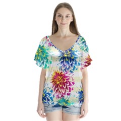 Colorful Dahlias Flutter Sleeve Top