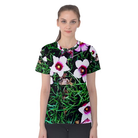 Pink Flowers Over A Green Grass Women s Cotton Tee by DanaeStudio