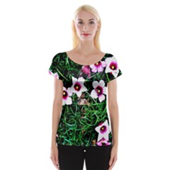 Pink Flowers Over A Green Grass Women s Cap Sleeve Top