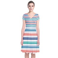 Summer Mood Striped Pattern Short Sleeve Front Wrap Dress by DanaeStudio