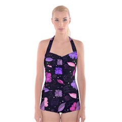 Purple And Pink Flowers  Boyleg Halter Swimsuit  by Valentinaart