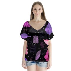 Purple And Pink Flowers  Flutter Sleeve Top