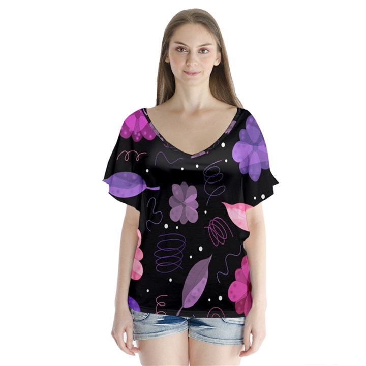 Purple and pink flowers  Flutter Sleeve Top