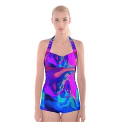 The Perfect Wave Pink Blue Red Cyan Boyleg Halter Swimsuit  by EDDArt