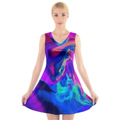 The Perfect Wave Pink Blue Red Cyan V-neck Sleeveless Skater Dress by EDDArt