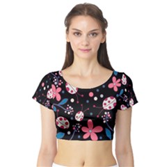 Pink Ladybugs And Flowers  Short Sleeve Crop Top (tight Fit) by Valentinaart