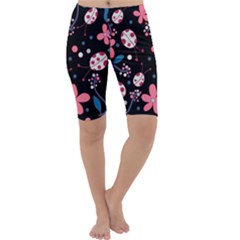 Pink Ladybugs And Flowers  Cropped Leggings  by Valentinaart