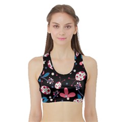 Pink Ladybugs And Flowers  Sports Bra With Border