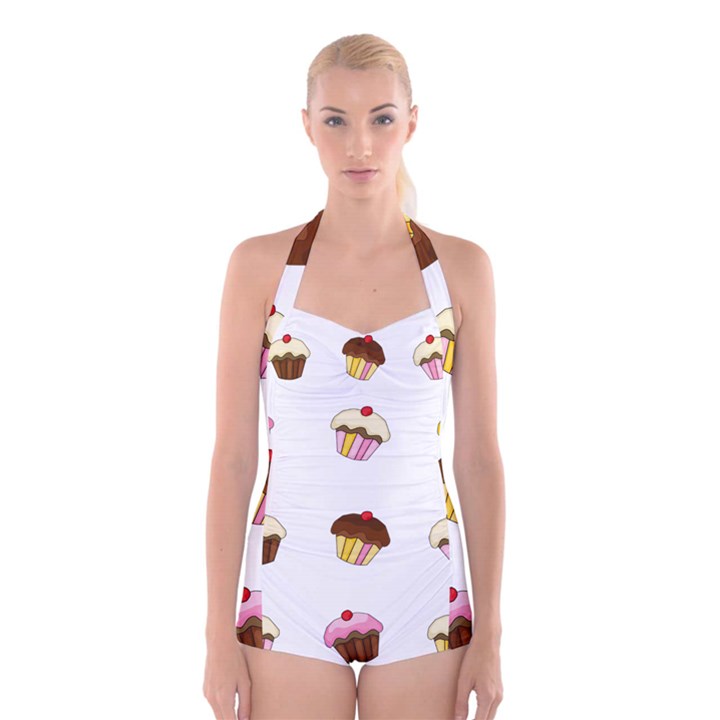 Colorful cupcakes  Boyleg Halter Swimsuit 