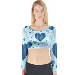 Light And Dark Blue Hearts Long Sleeve Crop Top by LovelyDesigns4U