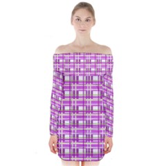 Purple Plaid Pattern Long Sleeve Off Shoulder Dress by Valentinaart