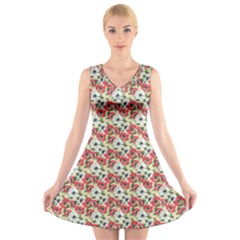 Gorgeous Red Flower Pattern  V-neck Sleeveless Skater Dress by Brittlevirginclothing