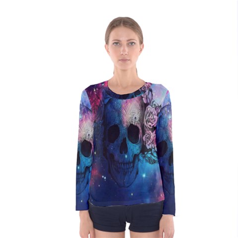 Colorful Space Skull Pattern Women s Long Sleeve Tee by Brittlevirginclothing