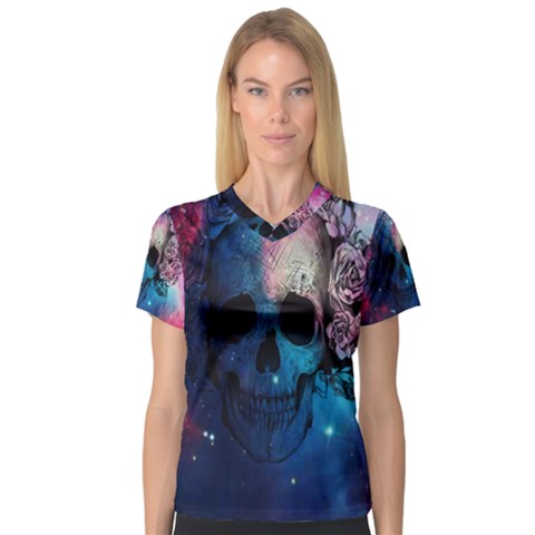 Colorful Space Skull Pattern Women s V-neck Sport Mesh Tee by Brittlevirginclothing