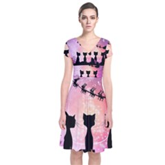 Cats Looking In The Sky At Santa Claus At Night Short Sleeve Front Wrap Dress by FantasyWorld7