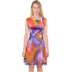 Crystal Star Dance, Abstract Purple Orange Capsleeve Midi Dress