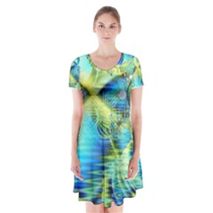 Crystal Lime Turquoise Heart Of Love, Abstract Short Sleeve V-neck Flare Dress by DianeClancy