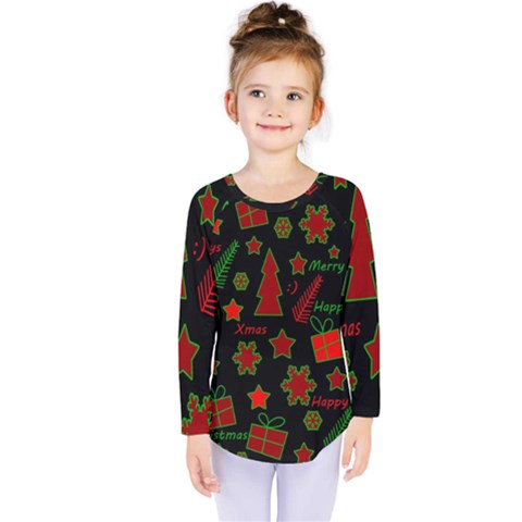 Red And Green Xmas Pattern Kids  Long Sleeve Tee by Valentinaart