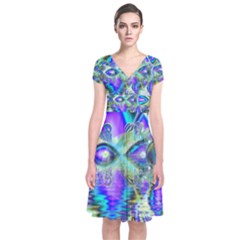 Abstract Peacock Celebration, Golden Violet Teal Short Sleeve Front Wrap Dress by DianeClancy