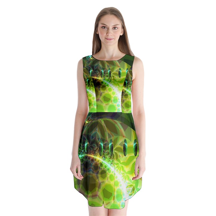 Dawn Of Time, Abstract Lime & Gold Emerge Sleeveless Chiffon Dress  