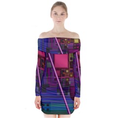 Jewel City, Radiant Rainbow Abstract Urban Long Sleeve Off Shoulder Dress by DianeClancy