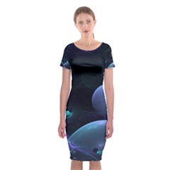 The Music Of My Goddess, Abstract Cyan Mystery Planet Classic Short Sleeve Midi Dress by DianeClancy