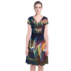 Northern Lights, Abstract Rainbow Aurora Short Sleeve Front Wrap Dress