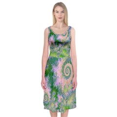 Rose Apple Green Dreams, Abstract Water Garden Midi Sleeveless Dress