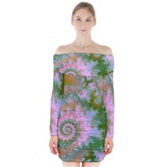 Rose Forest Green, Abstract Swirl Dance Long Sleeve Off Shoulder Dress by DianeClancy