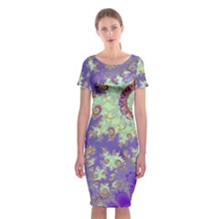 Sea Shell Spiral, Abstract Violet Cyan Stars Classic Short Sleeve Midi Dress by DianeClancy