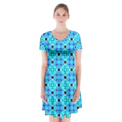 Vibrant Modern Abstract Lattice Aqua Blue Quilt Short Sleeve V-neck Flare Dress by DianeClancy